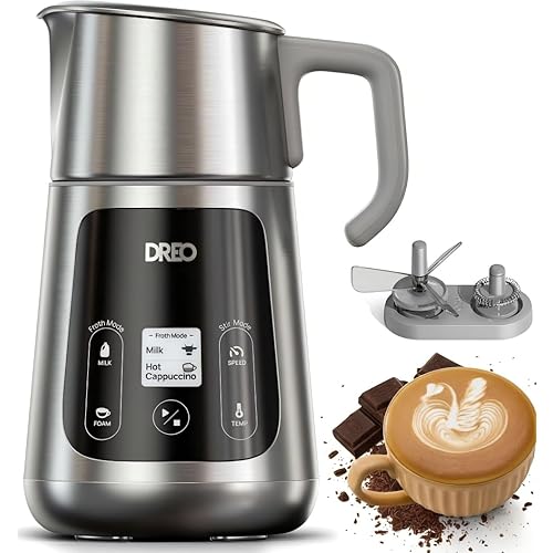 DREO All-in-1 Milk Frother, Electric Foam Frother for Latte Art Microfoam and Coffee, 15oz/450ml Automatic Milk Warmer with 30 Drinks, Dishwasher Safe, Dairy/Plant-Based Milk