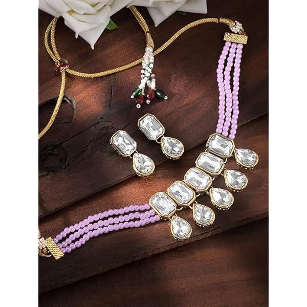 Fashion Women Matte Plated Crystal Pearl Traditional Ethnic Bridal Choker Necklace with Earrings Jewellery Set for Women And Girls Colour Babypink - Image 3