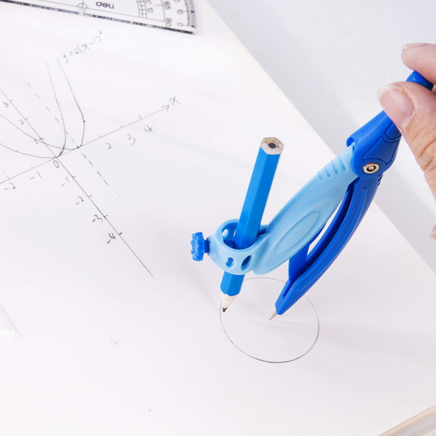 Deli 8 Pieces Math Geometry Kit Set, Compass Set for Students, Includes Rulers, Set Squares, Protractor, Compass, Pencil, Pencil Sharpener, Eraser, Blue