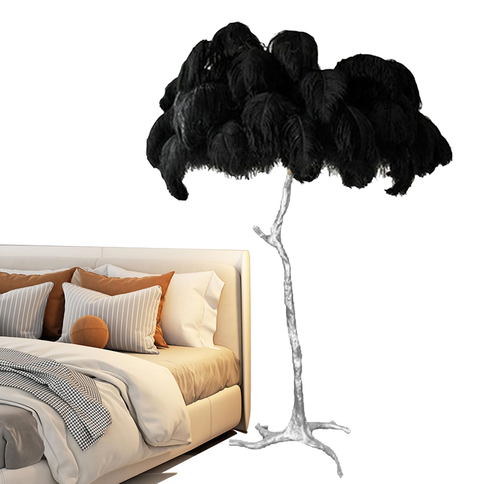 Modern Bedroom Standing Lamp, Natural Ostrich Feather Lamp Romantic Silver Floor Feather Lamps Decorative Lighting for Girl Bedroom