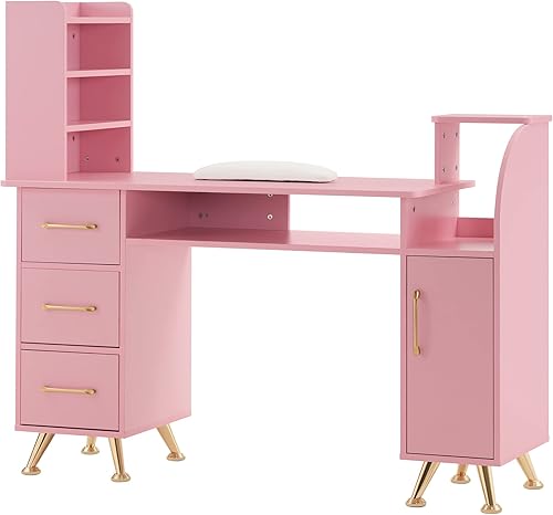 Miniatura 10 de BarberPub Mesa de manicura, estación de maquillaje, escritorio de uñas con cojín de muñeca, estación de trabajo de belleza, equipo de almacenamiento