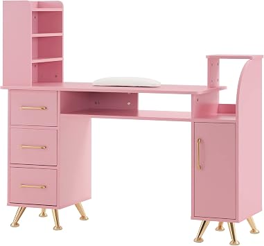 BarberPub Manicure Table Makeup Dressing Station Nail Desk with Wrist Cushion Beauty Workstation Salon Storage Equipment 2636 Pink