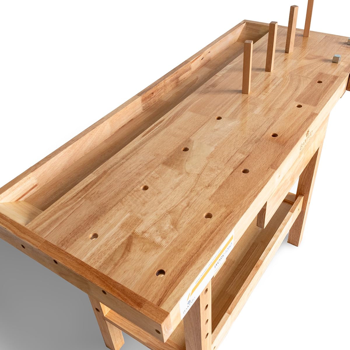 BAMATO Hobelbank WORK-1260 Werkbank Werkstatt Holz Spannzange Hobby | Robuste Hobelbank mit einfachem Aufbau | Inklusive je 4 Bankhaken aus Metall und Holz | Spannzange & große Werkzeugablage