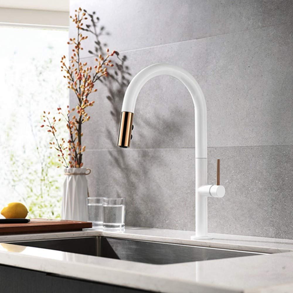 ZYCHSJXA Black/White Pull Out Kitchen Faucet Brass Luxury Mixer Sink Faucets Tap 360 Degree Swivel,White