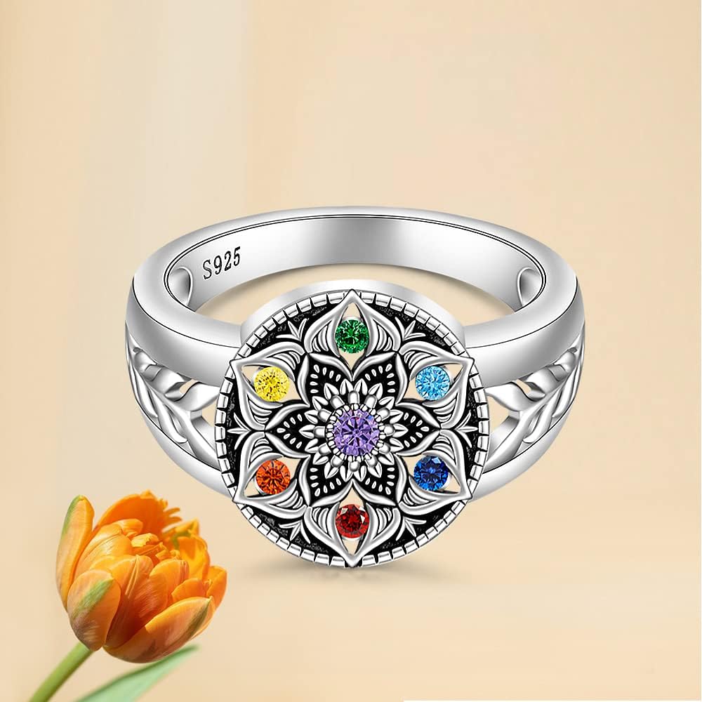 Mandala Chakra Ring Yoga Lotus Flower Rings for Women Sterling Silver Healing Crystal 7 Chakra Balance Jewelry Gifts - Image 6