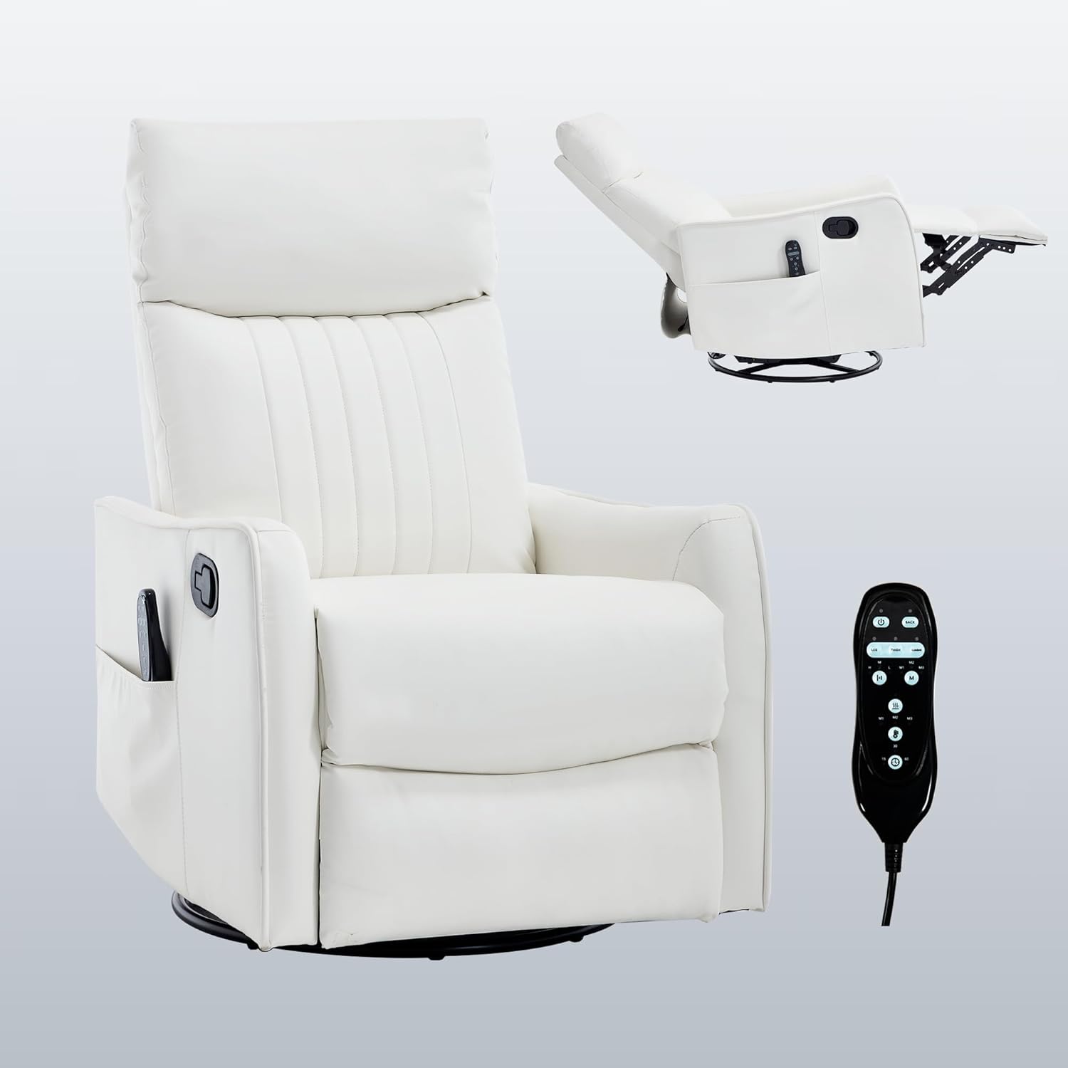 High Back Massage Recliner with Heat - Swivel Rocking Chair for Small Spaces, Manual Lazy Boy Recliner for Adults, Perfect for Living Room & Bedroom, Soft Fabric (White)