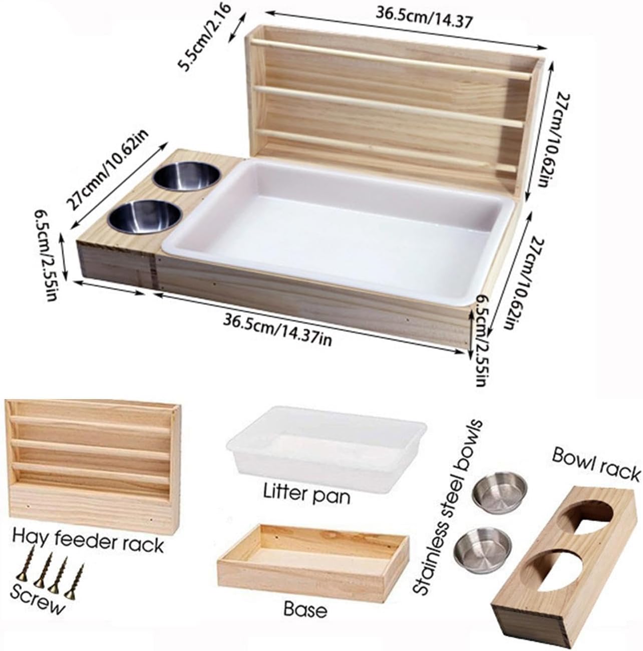 3 in 1 Wooden Rabbit Hay Feeder with Litter Box, Bunny Feeder & Hay Holder Rack for Guinea Pig, Hamster, Small Animals