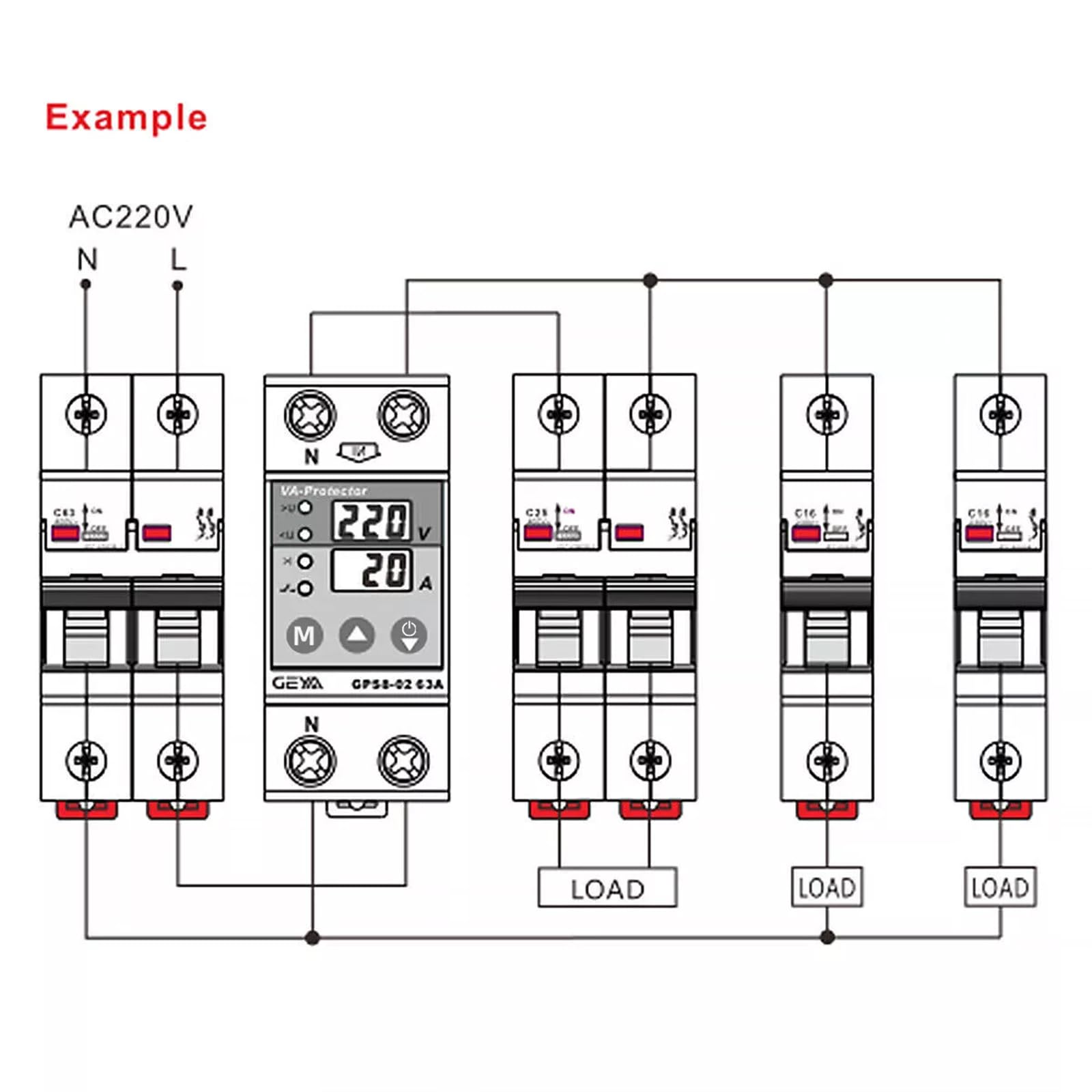 GEYA Protector de sobrecorriente, dispositivo de protección contra sobretensión y subtensión AC220V Carril DIN (GPS8-02,Upper wiring,63A)