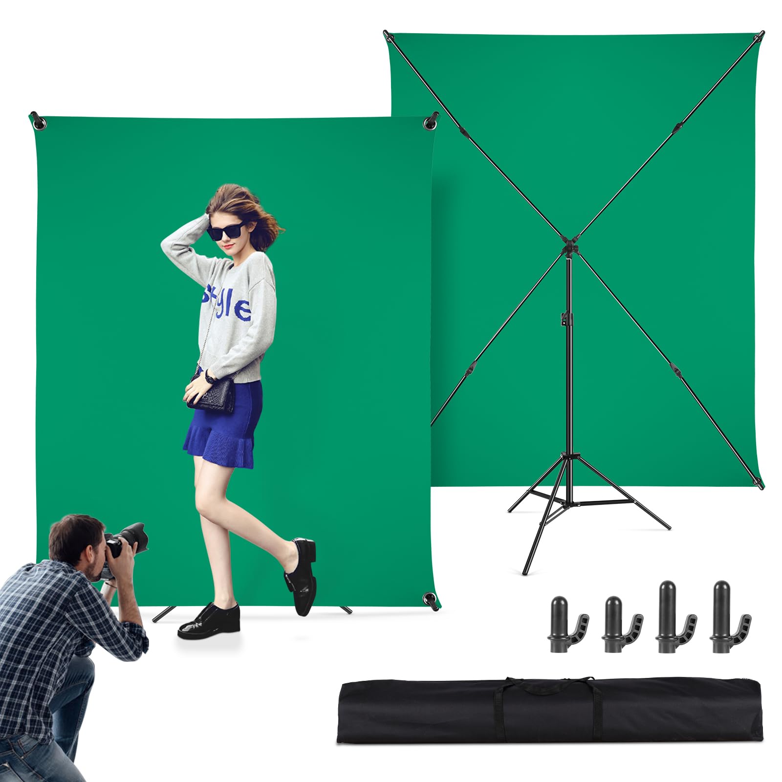 Schermo verde con supporto 1,5 x 2 m, schermo verde con sfondo regolabile Supporto per fotografia, streaming, gaming, Chroma Key, Foto Studio Video, Ritratto Headshot Fotografia