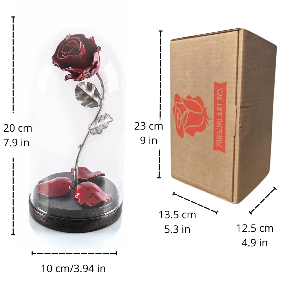 Forging Art Bcn® Rosa Eterna in Ferro Battuto La Bella e la Bestia - Regalo Festa della mamma, San Valentino, 6° anniversario di matrimonio, Nozze di Ferro (Rosso/Argento)