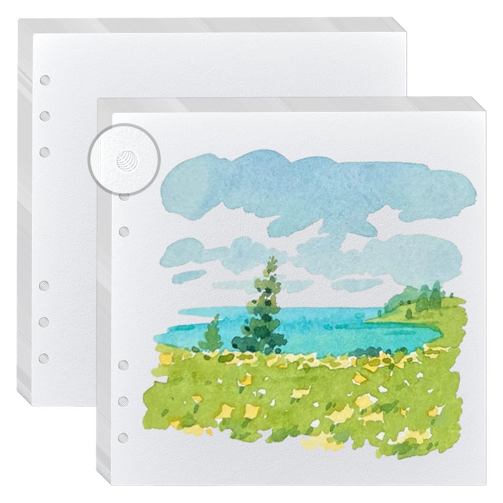 OLYCRAFT 60 hojas de papel para acuarela Algodón 300 g/m² Papel para acuarela Hojas sueltas Blanco A granel Cuadrado Blanco Papel artística Bloc 6 agujeros para pintura estudio y diario artístico
