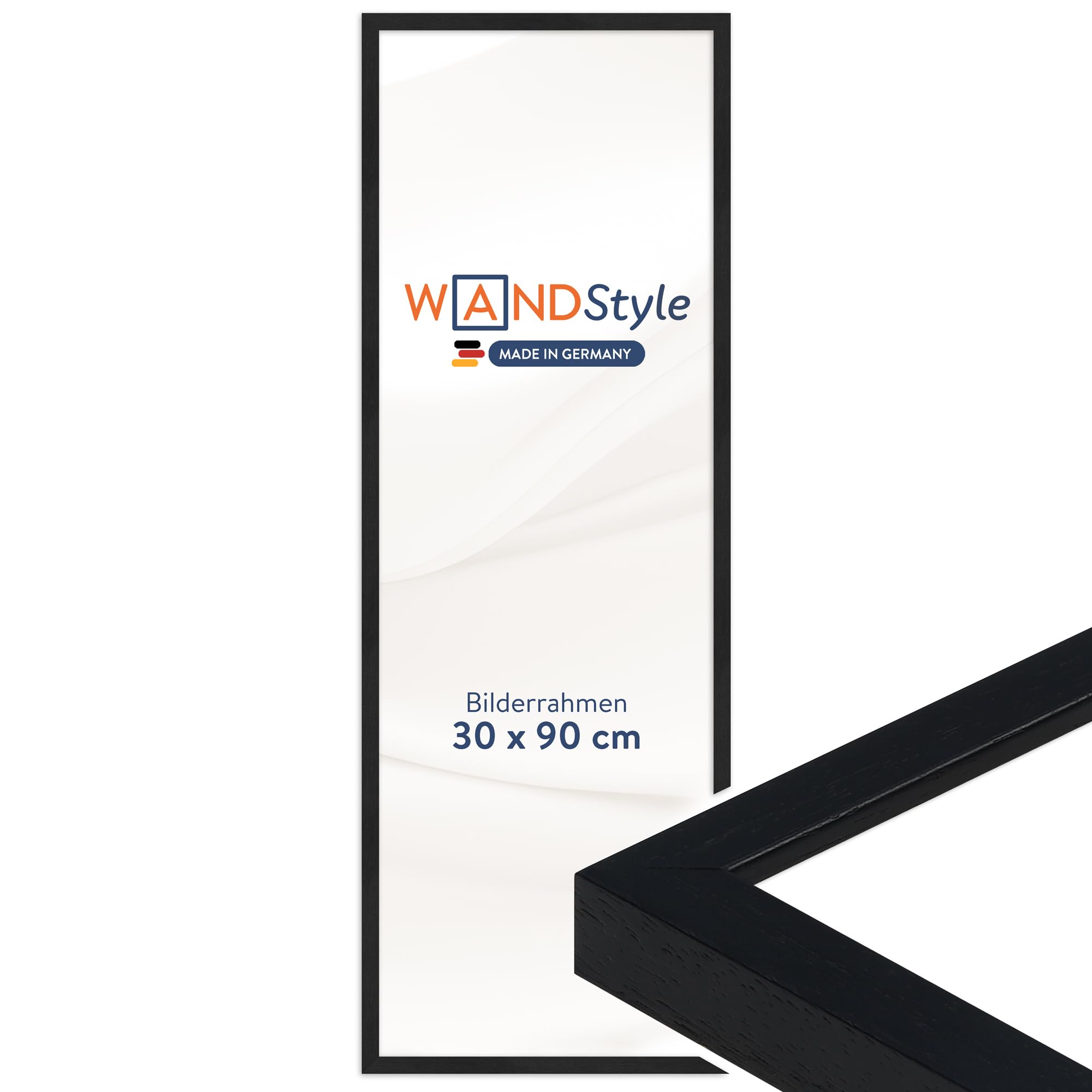 WANDStyle Bilderrahmen 30x90 Schwarz, moderner Bilderrahmen Holz 30x90 cm | Hochwertiger Holzbilderrahmen, Posterrahmen zum Aufhängen, Rahmen 90x30 cm, Fotorahmen H950 - Made in Germany