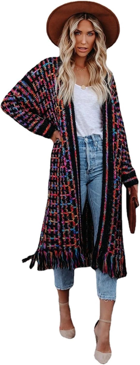 Perbai Womens Boho Cardigan Sweater Open Front Fringed Tassels Aztec Maxi Cardigan Jacket - Image 5