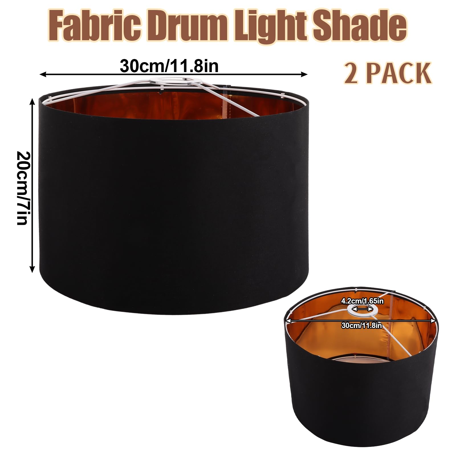 LDXDRU 2 Pack Black Fabric Drum Light Shade, 30 x 20cm Pendant Lampshade - Image 2