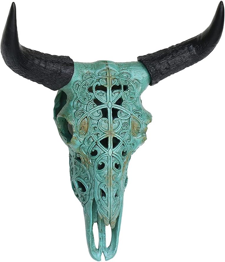 OTARTU Turquoise Tribal Design Carved Steer Skull Wall Hanging Sculpture, 19 Inch Steer Head Bull Skull Wall Decor