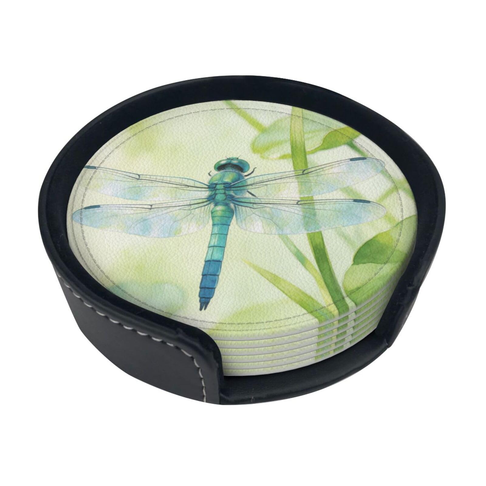 Dragonfly Wash Leather Coasters-Set of 6 with Storage Holder