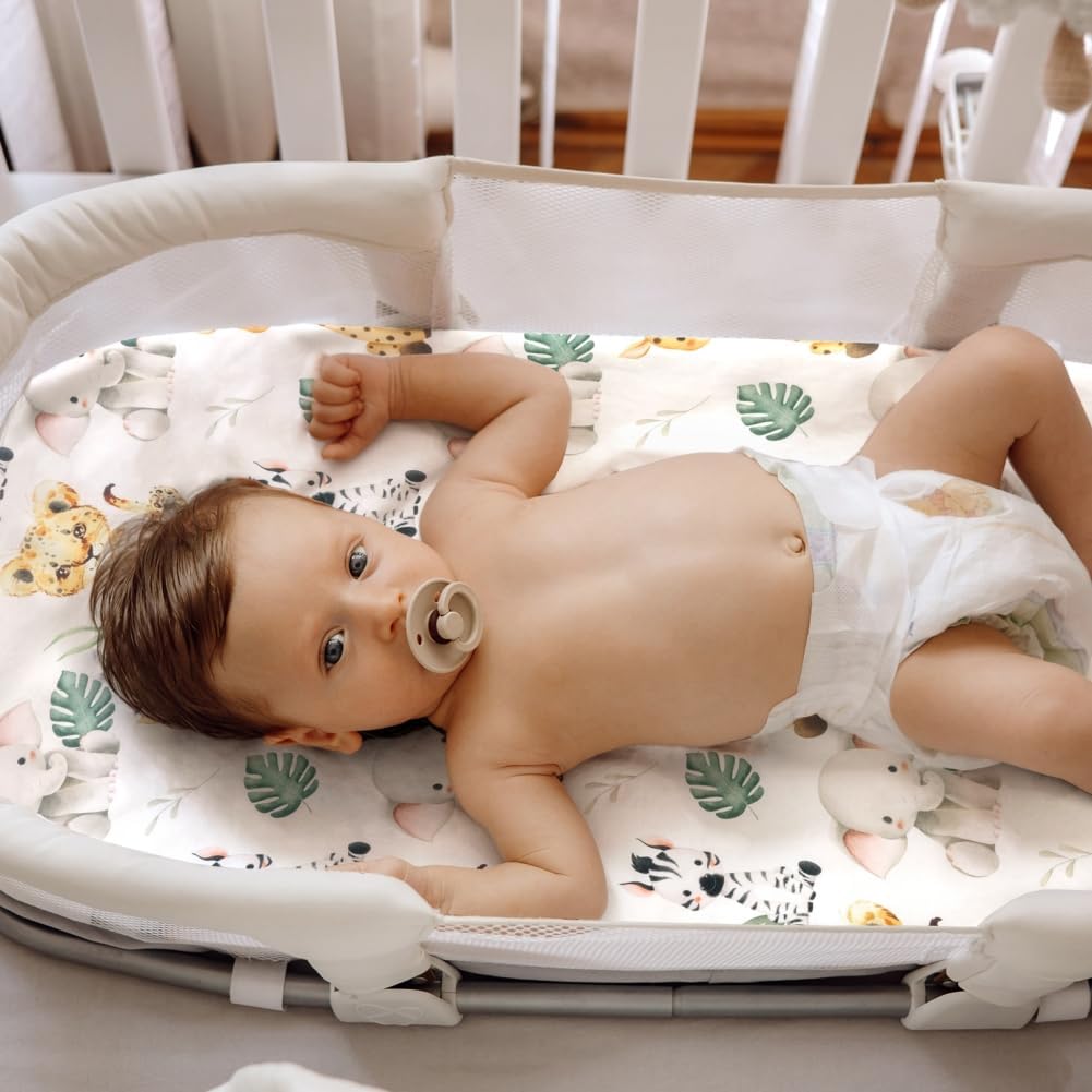 4 Pack Safari Jungle Animals Neutral Unisex Fitted Nursery Baby Sheets Set Toddler Mattress Sheets for Baby Boys or Girls (Bassinet Sheets) - Image 3