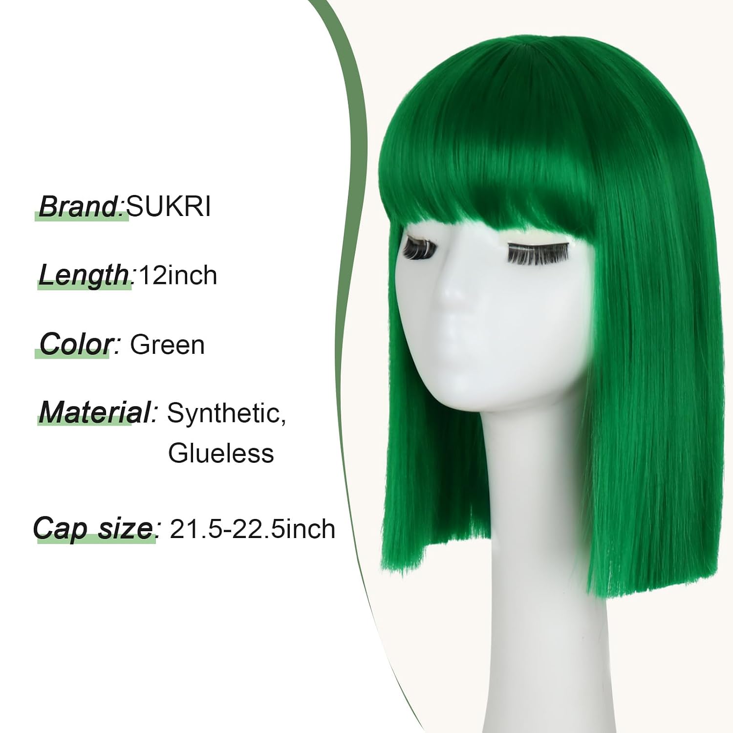 SUKRI Short Bob Wig for Women Straight Wig with Bangs Shoulder Length Heat Resistant Fiber Synthetic Hair Wigs Green