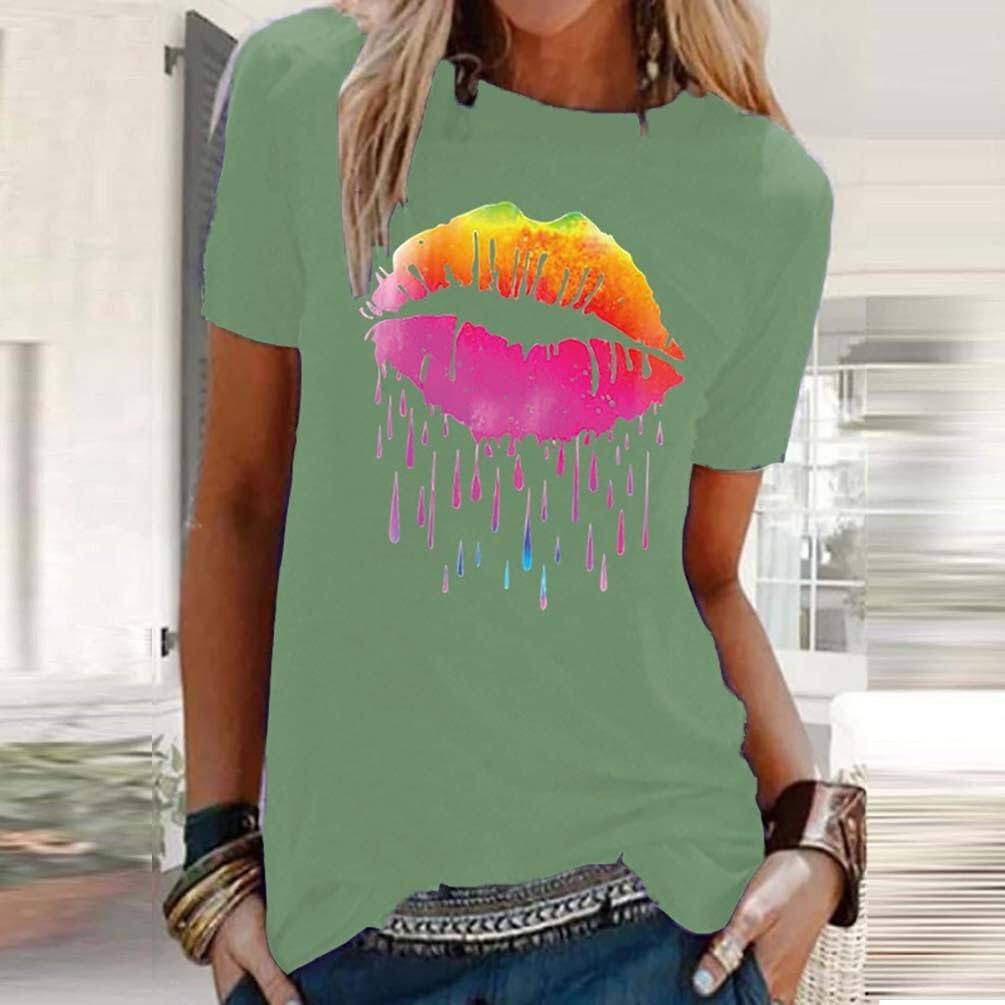 ASIYAN Tshirt Femmes Casual Top Shirt Casual Col Rond À ​​Manches Courtes Chemise Femmes À Manches Courtes T Shirt Blanc T Shirt Pull S-5XL T-Shirt Oversize (Color : Green 1, Size : XXL)