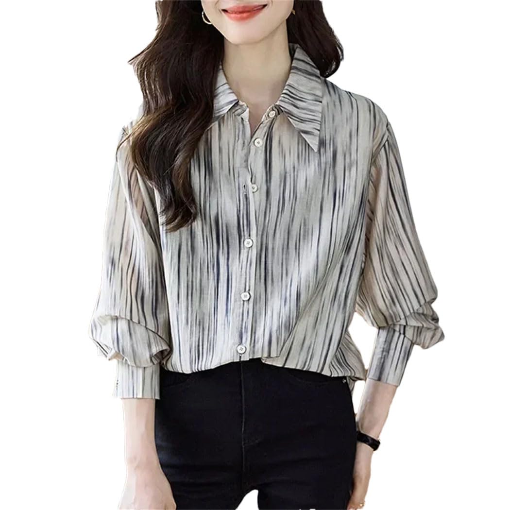 Camisa de gasa de manga larga a rayas con cuello vuelto para mujer, camisa de vestir para oficina