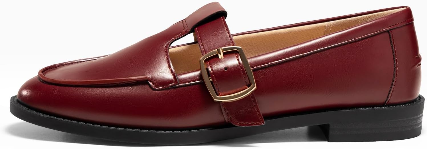 Coutgo Womens Slip On Loafers T-Strap Closed Round Toe Flats Comfortable Work Business Dress Shoes,Wine Red,Size 9.5 - Image 4