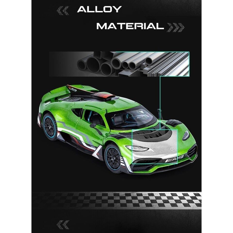 Image of 1:24 AMG ONE Diecast Metal Car Pull Back Alloy Model Toy with Openable Doors Lights & Sound Realistic Collectible Supercar Gift for Kids Boys & Car Enthusiasts (Green)