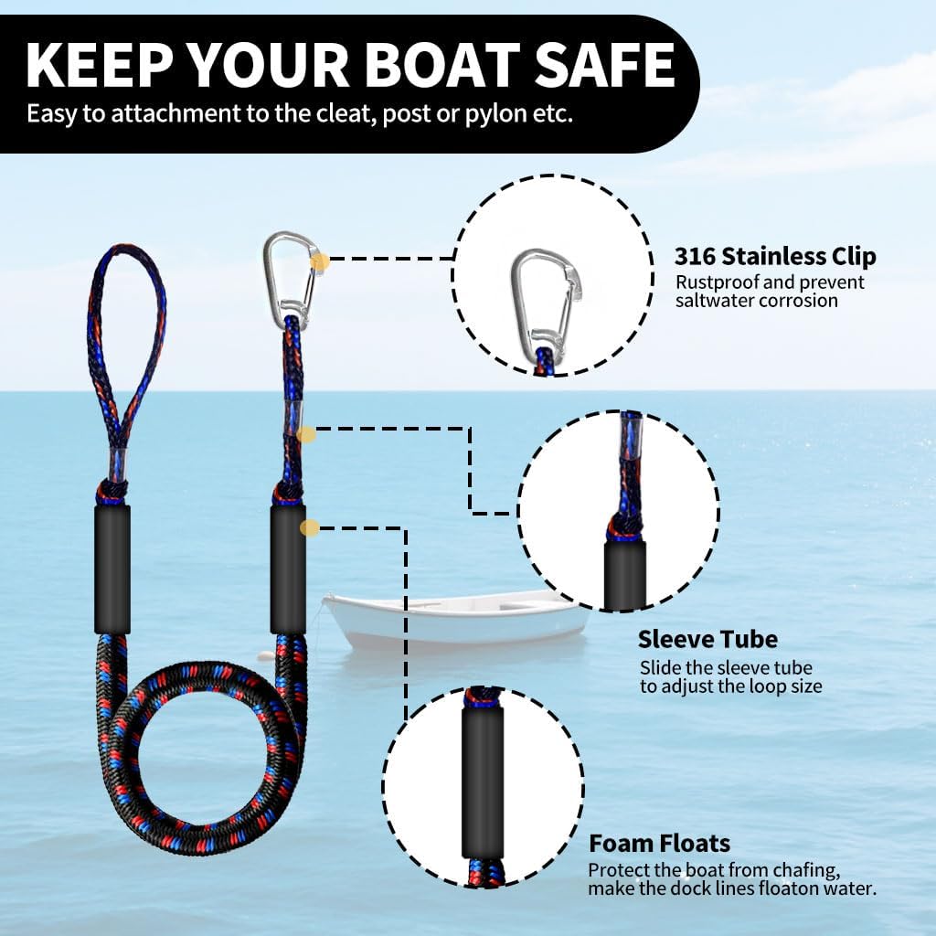 4-5.5ft, Bungee Dock Line with Stainless Steel Clip Safe Boat Rope Mooring String with Foam Float for Pontoon, Boat Accessories, Sea Doo,2 Pack (Red&Black&Blue)