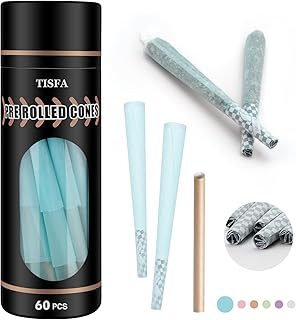 TISFA Rolling Papers Pre Rolled Cones 60 Pack Natural Organic Rolling Cones King Size Unrefined Cones Rolling Papers with Filter Tips & Packing Tubes Included (Blue)
