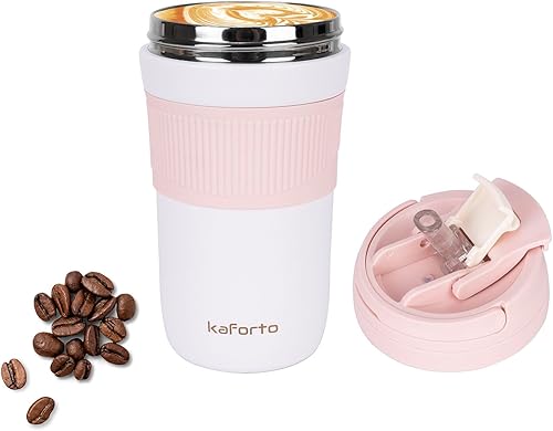 Taza de café de viaje de 15 onzas, tazas de café aisladas con tapa abatible, tazas de café de acero inoxidable a prueba de derrames, vasos de vacío