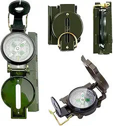 Bússola Lensática Militar com Mostrador Luminoso, Visor com Ampliação, Caixa Metálica Resistente