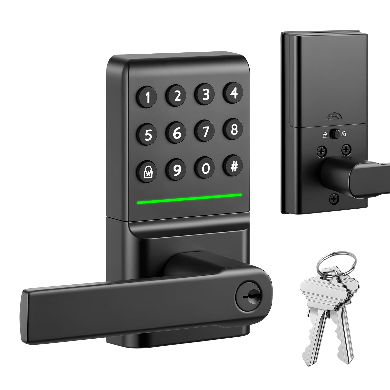 MYPIN Smartes Türschloss mit Griff, Schlüssellos, Elektronischer Riegel, Tastatur, Automatische Verriegelung, Einmalcode, USB-C-Notstrom, Aluminium, keine App erforderlich, einfache Selbstmontage