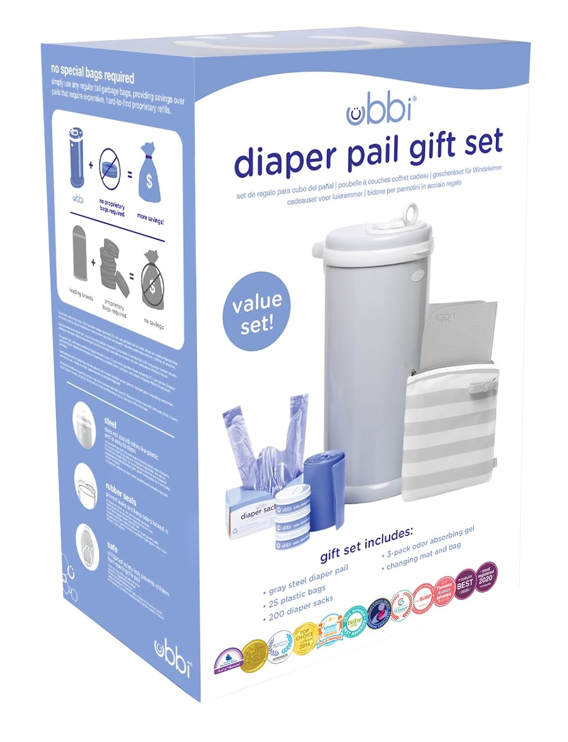 Ubbi Diaper Changing Value Gift Set, Baby Registry Gift, Includes Gray Diaper Pail, Absorbing Gels, Travel Changing Mat & Bag, Diaper Pail Waste Bags and On-the-Go Waste Sacks