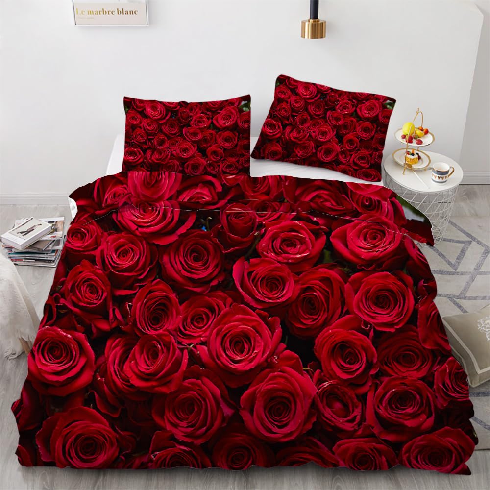 MARBRE 3D Rose Single Duvet Cover Set 135x200cm 2 piece Soft Microfiber Reversible Bedding Set Romantic Comforter Cover with Zipper Closure Quilt Cover with Pillowcase 50x75cm（Image 8-1） — image 1