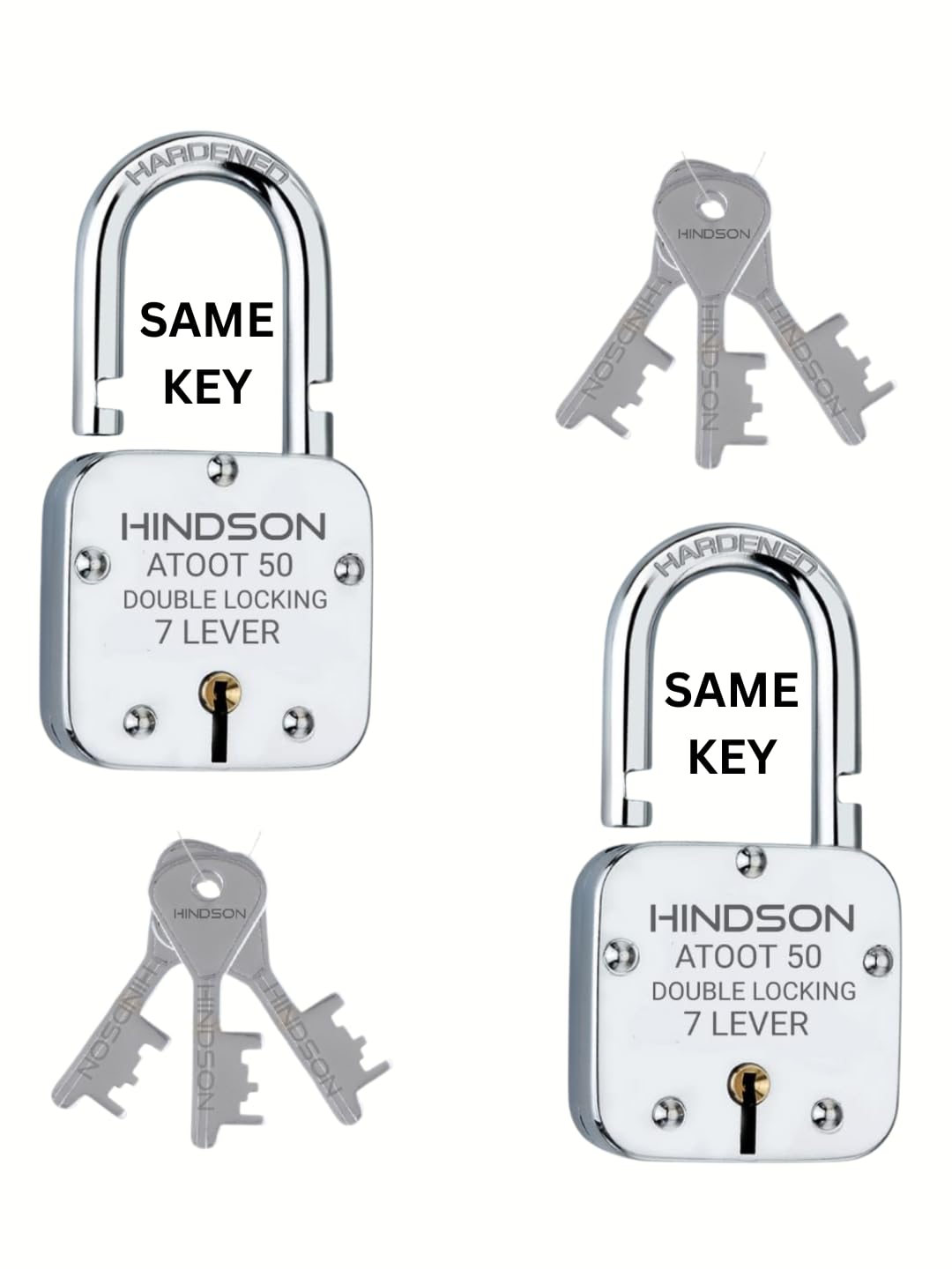 HINDSON Same Key Atoot 50mm Square Padlock, Pack of 2 Locks with 6 Same Keys, Double Locking Padlock with Hardened Shackle & 7 Lever Mechanism for Door, Gate & Shutter (Silver Finish)-image-40