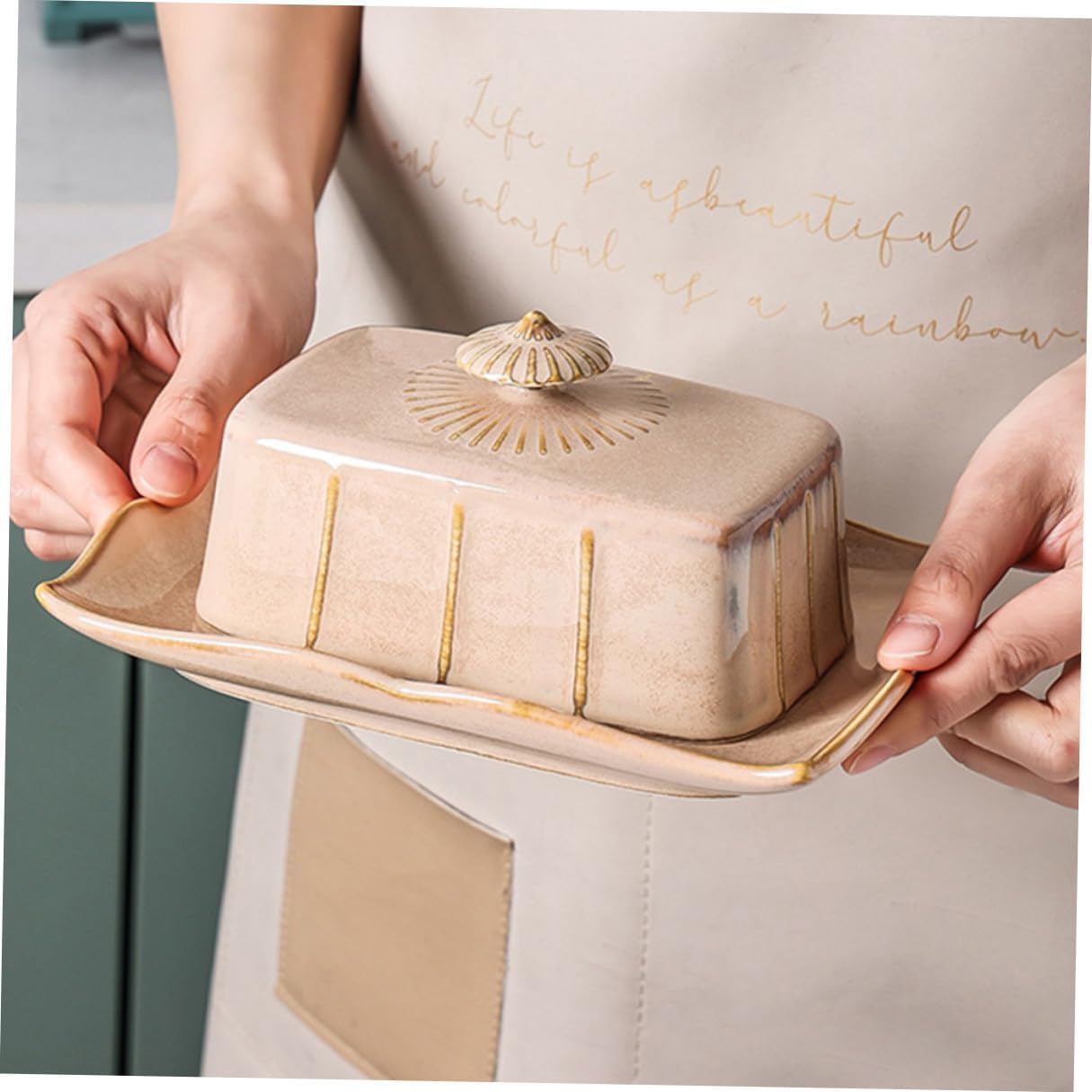 VICASKY Ceramic Butter Container with Lid Food-safe Cheese Storage Dish for Household Party and Afternoon Tea Smooth Easy-clean Surface in Khaki Butter and Dessert Keeper
