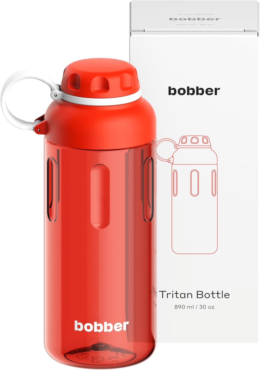 BOBBER 30 oz Tritan Water Bottle with Strainer for Fruit & Ice, Premium Quality — BPA Free, Dishwasher Safe & Leak Proof, Reusable Wide Mouth Plastic Water Bottle — Large, Refillable, Light (Red)