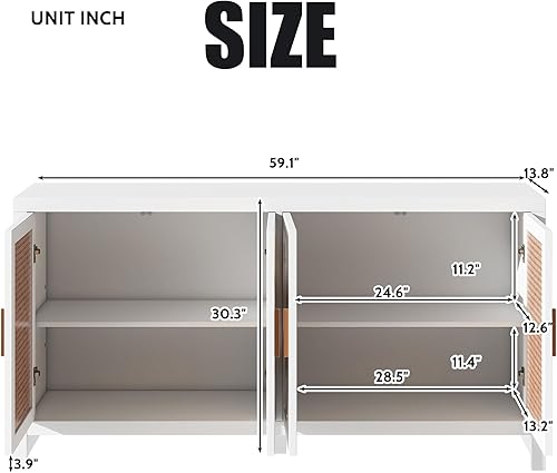 Miniatura 2 de Aparador de ratán con almacenamiento, 4 puertas y estantes ajustables, armario decorativo de 59.1 pulgadas con almacenamiento, sala de estar,