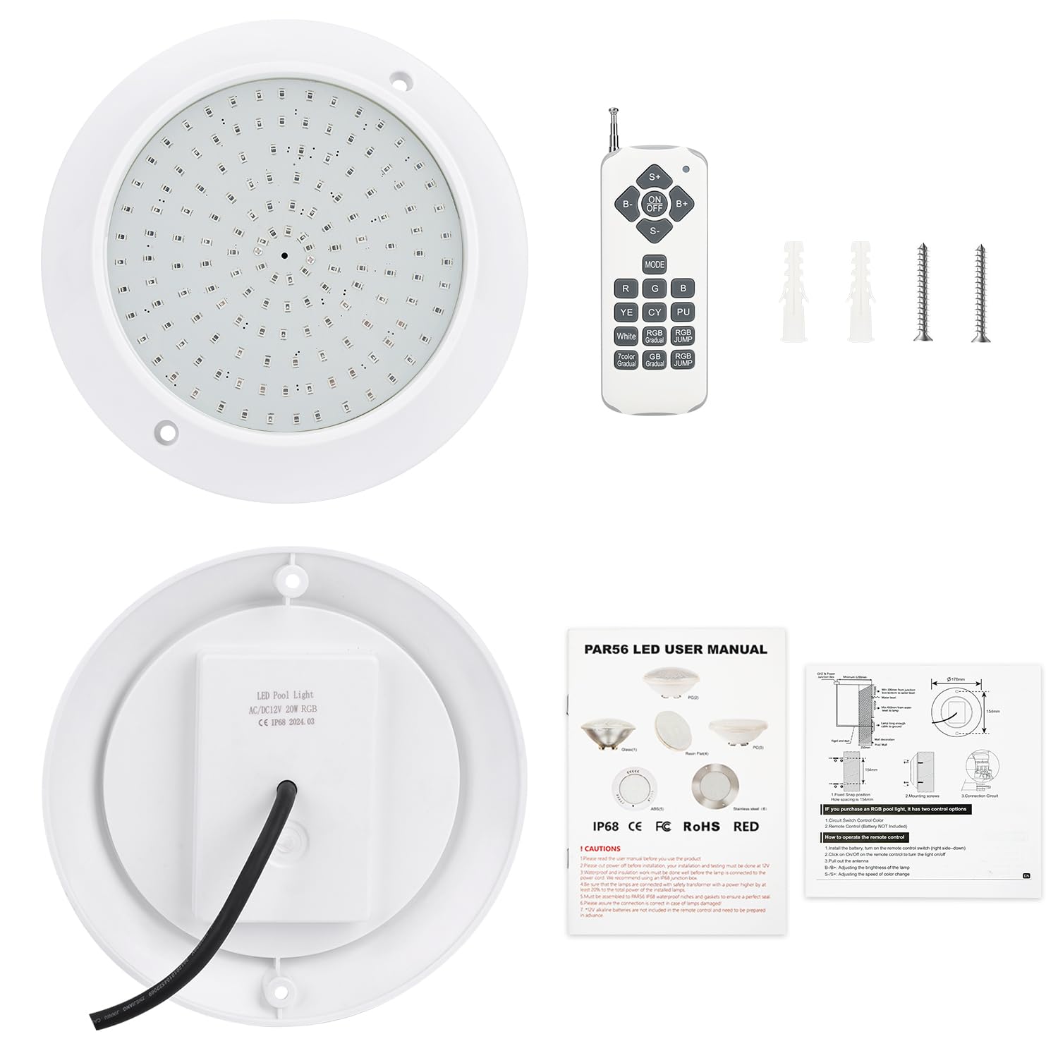 20W RGB LED Poolbeleuchtung Wasserdicht IP68 Unterwasserscheinwerfer，Oberflächenmontage, 12V AC/DC Schwimmbad Lampe mit Fernbedienung，Für Schwimmbad/Landschaft/Brunnen Beleuchtung