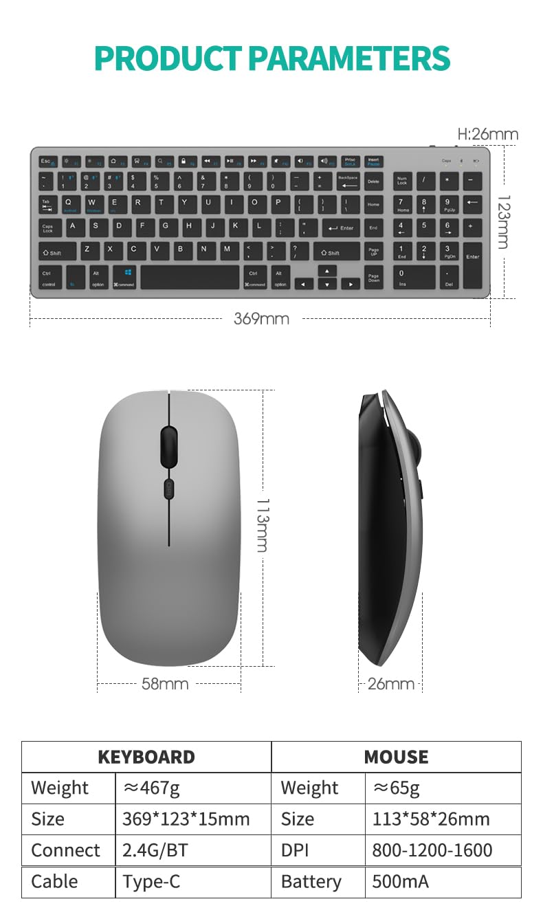 Ensembles Clavier Souris sans Fil Bluetooth & 2.4Ghz USB,Trois Modes,Quatre Canaux,Clavier et Souris sans Fil Rechargeable Silencieuse,Clavier Ultra-Fin avec Pavé Numérique pour PC/Laptop/Mac,QWERTY