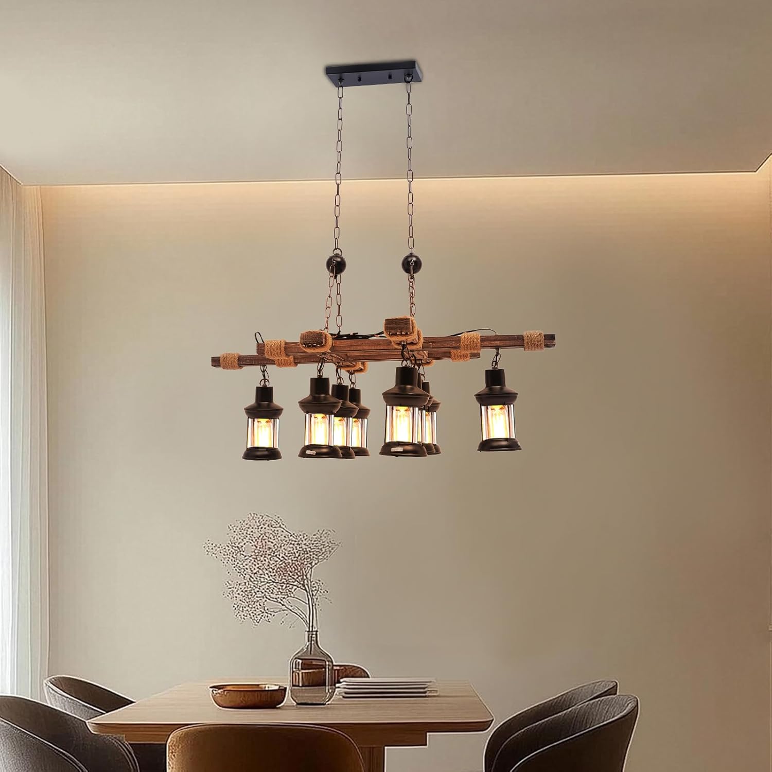 Wooden Chandelier, 8-Light Rustic Farmhouse Pendant Light with Adjustable Chain, Industrial Retro Vintage Ceiling Fixture for Kitchen Dining Room Bar Cafe Restaurant