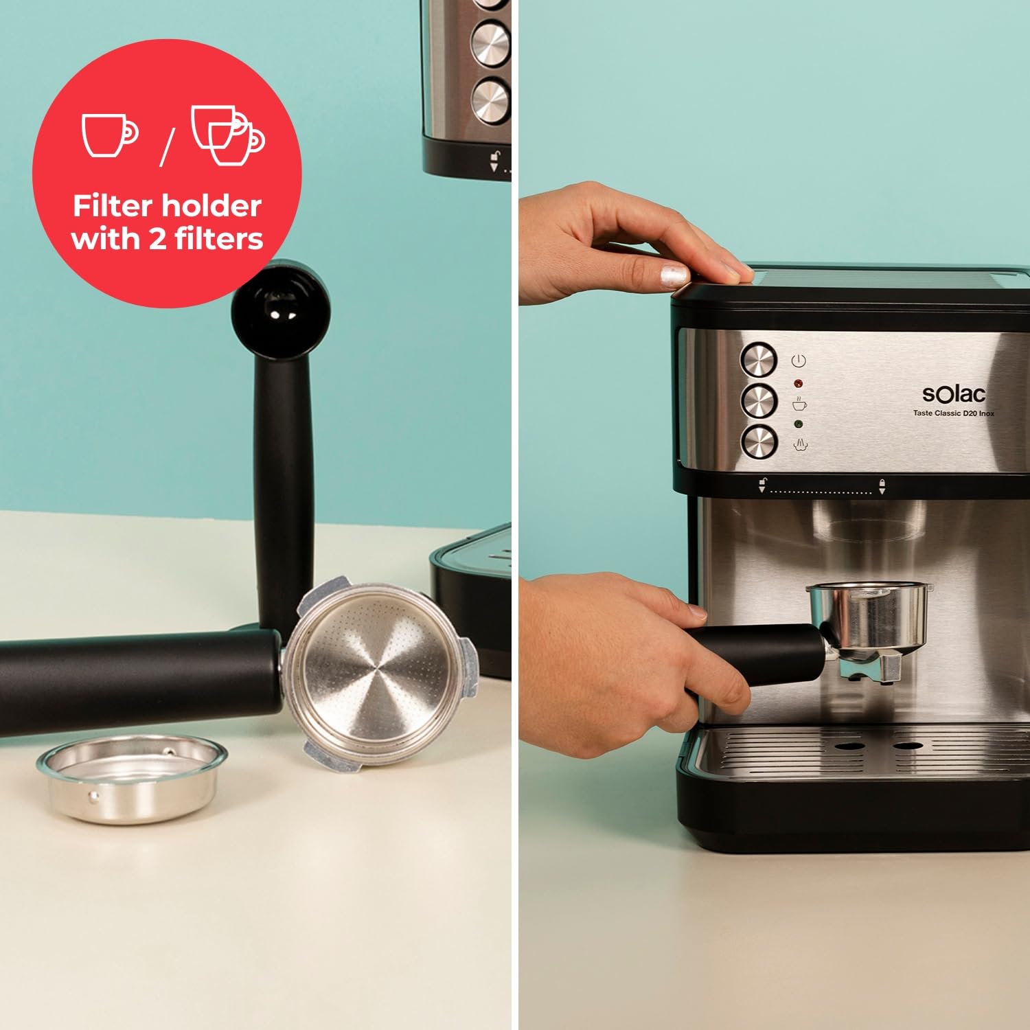 Solac – Cafetera Espresso Taste Classic D20 Inox | 850W | Presión 20 bares | Depósito 1,8L | Brazo 1 y 2 salidas | Vaporizador | Superficie Calienta tazas | Apagado automático