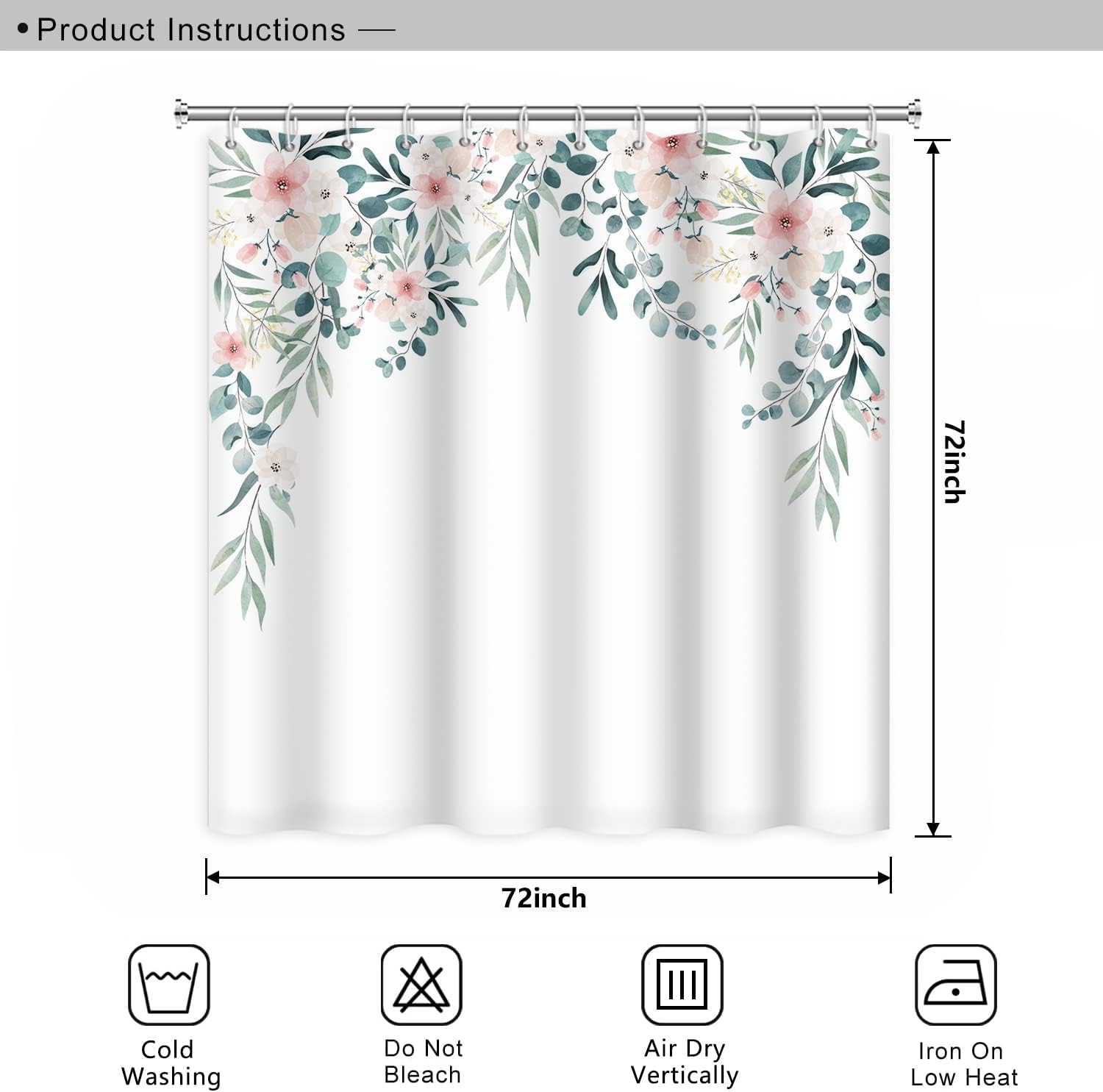 Eucalyptus Leaves Floral Bathroom Shower Curtain Green Leaf and Pink Flower Waterproof Polyester Shower Curtains Nature Botanical Farmhouse Shower Curtain with Hooks Decorative, 72x72 Inch