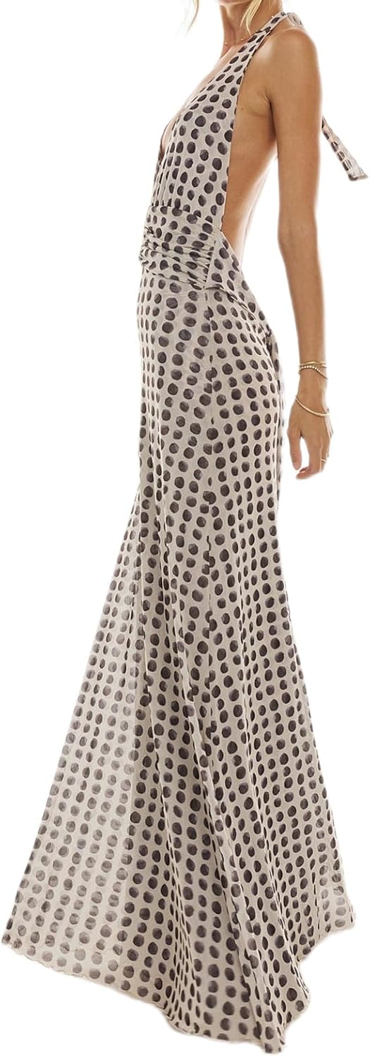 Womens Halter Floral Maxi Dress Deep V Neck Backless Bodycon Long Dresses Y2k Formal Cocktail Going Out Beachwear - Image 4