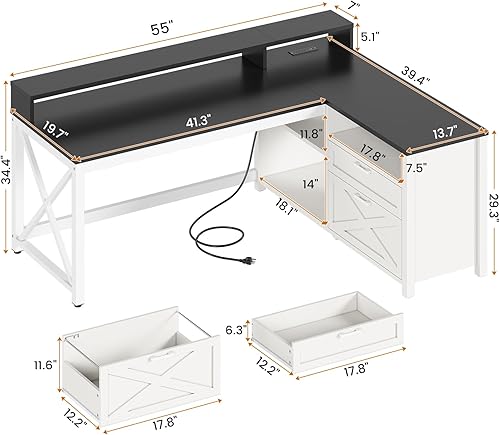 Miniatura 2 de SEDETA Escritorio esquinero para computadora, escritorio de juegos en forma de L de 55" con cajones de almacenamiento y toma de corriente,
