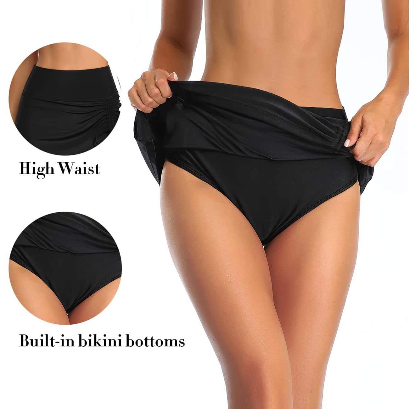 Jupe de Bain Femme Ruched Serrage Réglable Bikini Bas de Maillots de Bain Jupette avec Intégré Taille Haute Jupe de Sport Short de Bain Bikini de Plage Vêtements d'Été