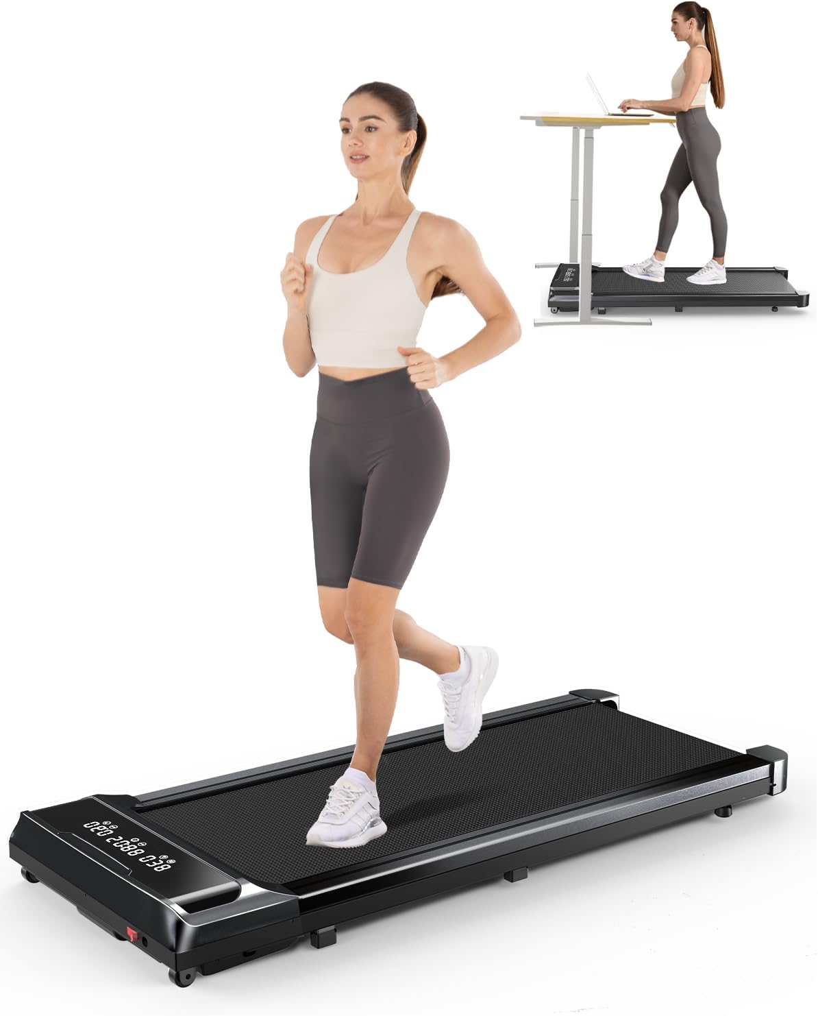 HomeFitnessCode Walking Pad Treadmill Under Desk, 6.2MPH Ultra Quiet Treadmill <35dB, 2.5HP Running Machine for Office & Home, LCD Display, 300 Lb Capacity, Black-Q2, Black+Quiet