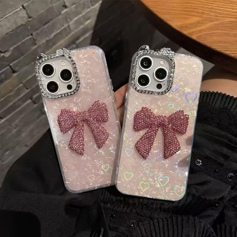 Image of mobistyle Compatible with iPhone 15 Pro | Rhinestone Bow Elegant Heart Shell Pattern and Camera Lens Protection Back Cover Case for Women Girls iPhone 15 Pro (Pink)