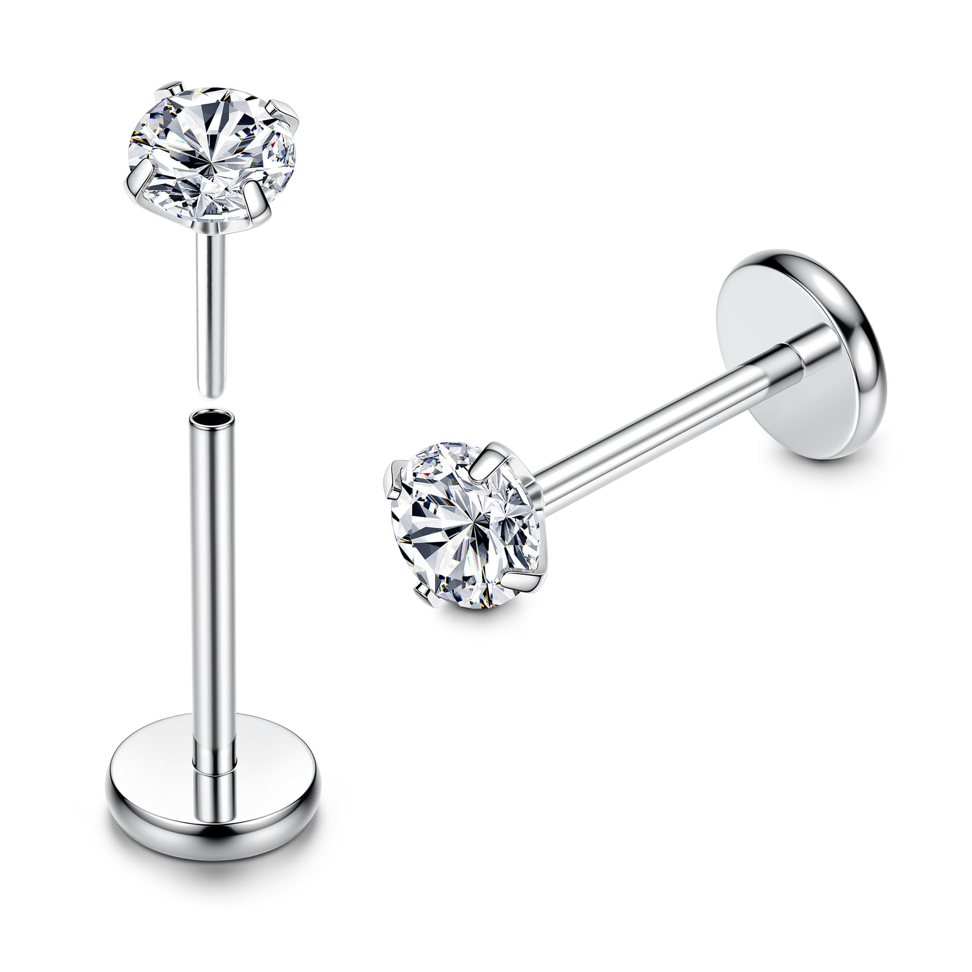 Adramata 2Pcs G23 Titanio Piercing Labret Sin Hilos Medusa Monroe Piercing Labio Piercing CZ Ópalo Pendiente Piercing Pequeño Piercing Nariz Piercing Helix Piercing Tragus Plata Piercing Oreja