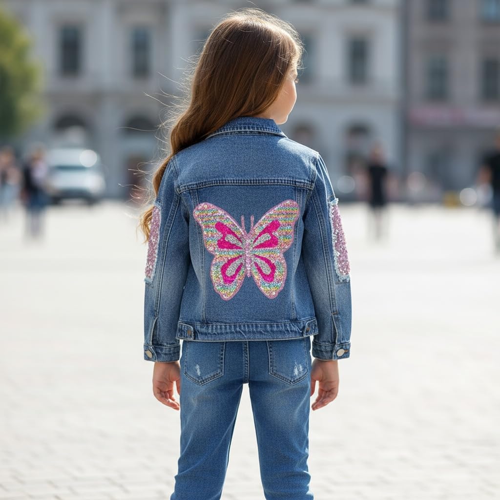 Peacolate 3-10ans Petites Grandes Filles Veste en Jeans Broderie Paillettes Papillons Printemps Automne