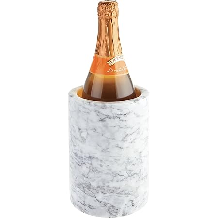 mDesign Natural Marble Wine Bottle Cooler Beverage Chiller Ice Bucket Tub for Kitchen, Bar, Party Decor - Holds Cold Wine, Champagne, Beer, Ready-to-Drink Cocktail Utensils, Tongs - White Marble